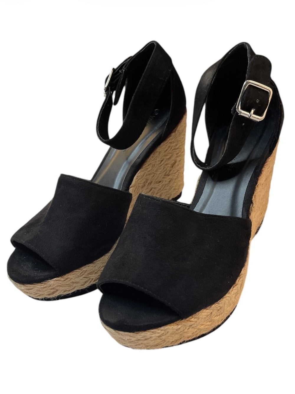 Wild Diva Lounge Black Faux Suede Espadrille Wedge Sandals Women’s size 8.5